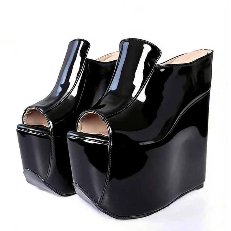 Rontic Neue handgefertigte Damen-Plateau-Mules mit Keilabsatz, runder Zehenbereich, hübsche schwarze Cosplay-Schuhe für Damen, US-Größe 5–16