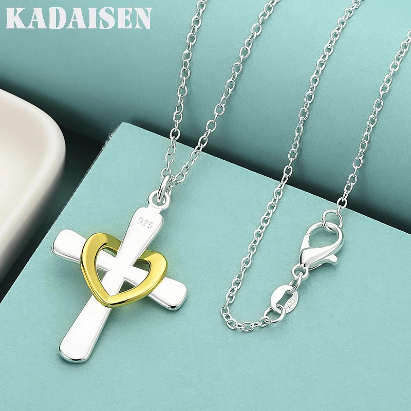 925 Sterling Silber Gold Herz Kreuz 16/18/20/22/24/26/28/30 Zoll Anhänger Halskette für Frauen Hochzeit Modeschmuck Image