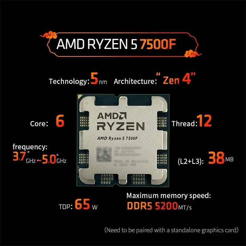 AMD Ryzen 5 7500F R5 7500F Budget-Modell AM5 DDR5 Neuerscheinung 5NM 3,7GHz 6-Kern 32MB L3 65W Desktop-Gaming-CPU Image