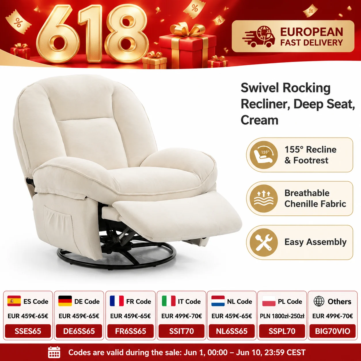Relaxsessel, drehbarer Schaukel-Liegesessel mit tiefem Sitz, dickem Rückenkissen, atmungsaktivem Chenille-Stoff, 155 ° Liegestuhl, einfache Montage, Creme Image
