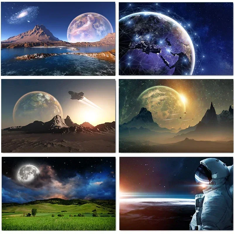 Leinwandgemälde Surrealismus Landschaft Universum Sterne und Planeten Poster Drucke Weltraum Exoplanet Galaxie Wandkunst Wohnzimmer Deko Image