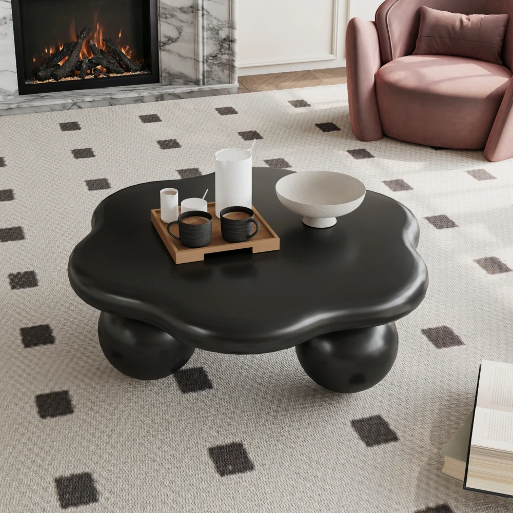 80 cm schwarzer wolkenförmiger Couchtisch, blütenblattförmiger moderner minimalistischer Couchtisch mit kugelförmigen Beinen, matt-schwarzer, kinder- und haustierfreundlicher, platzsparender