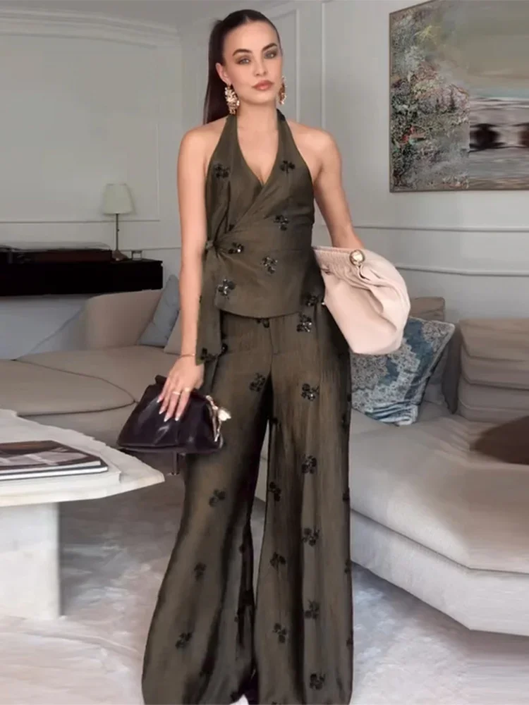 Vintage Damen Pailletten-Weste und Hosen-Set, sexy Neckholder-Top mit Schnürung, weites Bein, zweiteiliges Set für Damen, Sommer 2026 Image