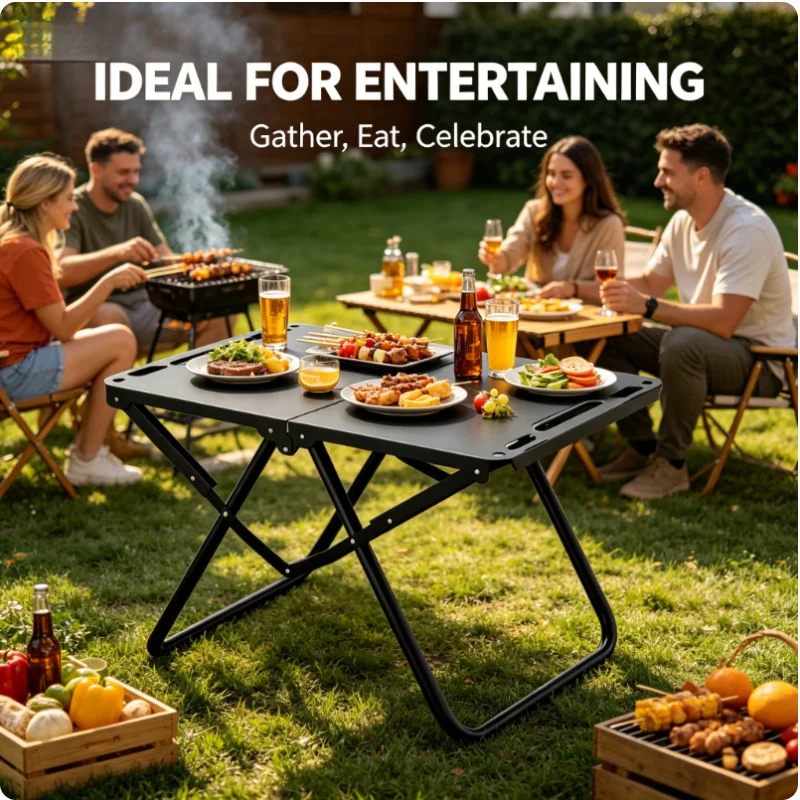Hochbelastbarer, leichter, faltbarer Outdoor-Campingtisch, platzsparend, schwarz, tragbarer Picknicktisch für den Heim- und Reisegebrauch. Image