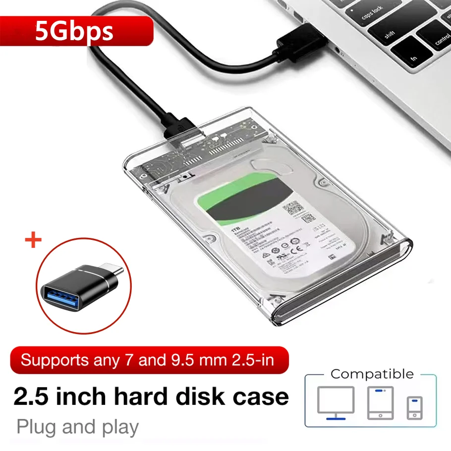 USB 3.0/Typ-C-Festplattengehäuse, 2,5 Zoll SATA SSD externes Festplattengehäuse mit 5 Gbit/s Übertragungsgeschwindigkeit, transparentes Festplattengehäuse, werkzeuglos Image