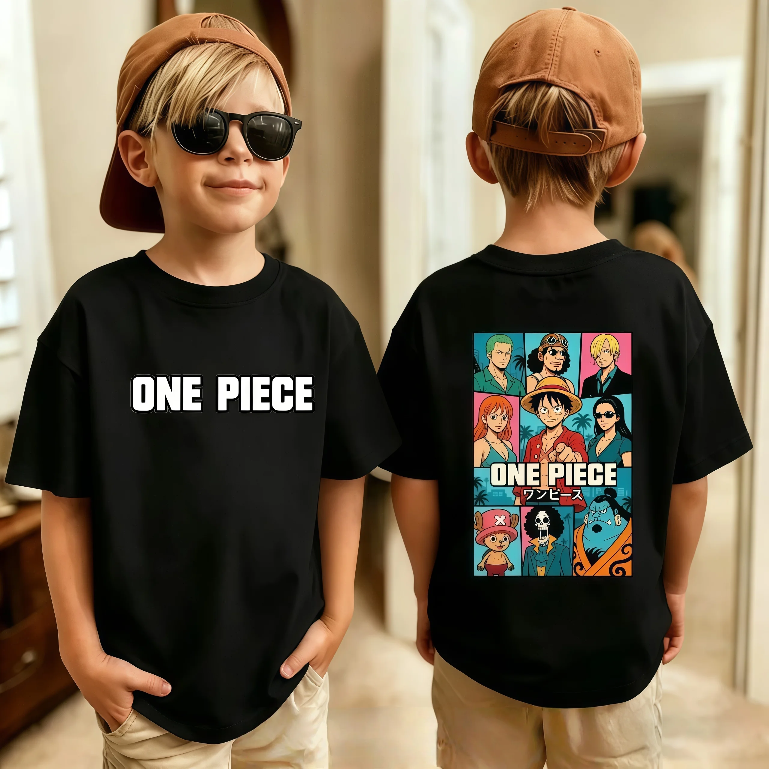One Piece Jungen- und Mädchen-T-Shirt, Sommer-Kinder-Anime-T-Shirt, Luffy Zoro Nami Chopper, süße Kleidung, Cartoon-T-Shirts, Geburtstagsgeschenke, Oberteile Image