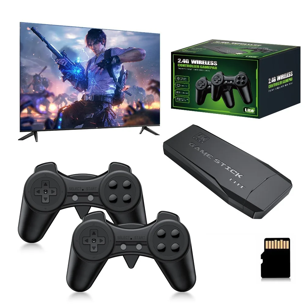 Stick de jeu HD 4K Lite avec deux manettes sans fil 2.4G, console de jeu vidéo rétro Plug & Play, jeux classiques intégrés