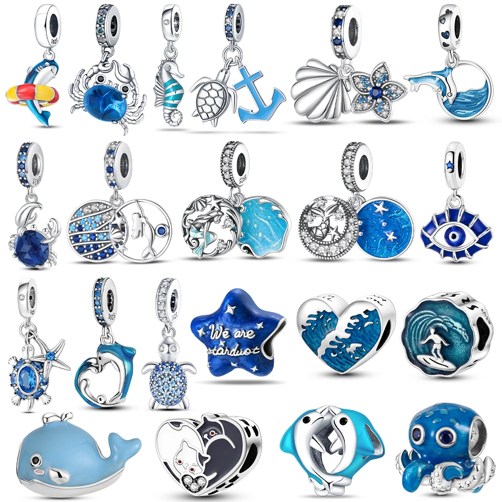 Schildkröten-, Anker-, Wal- und Oktopus-Anhänger, Blaue Silberbeschichtete Perlen, Original-Charms für Armbänder, Taschen, Schlüsselanhänger, DIY-Geschenk-Accessoire für Frauen Image
