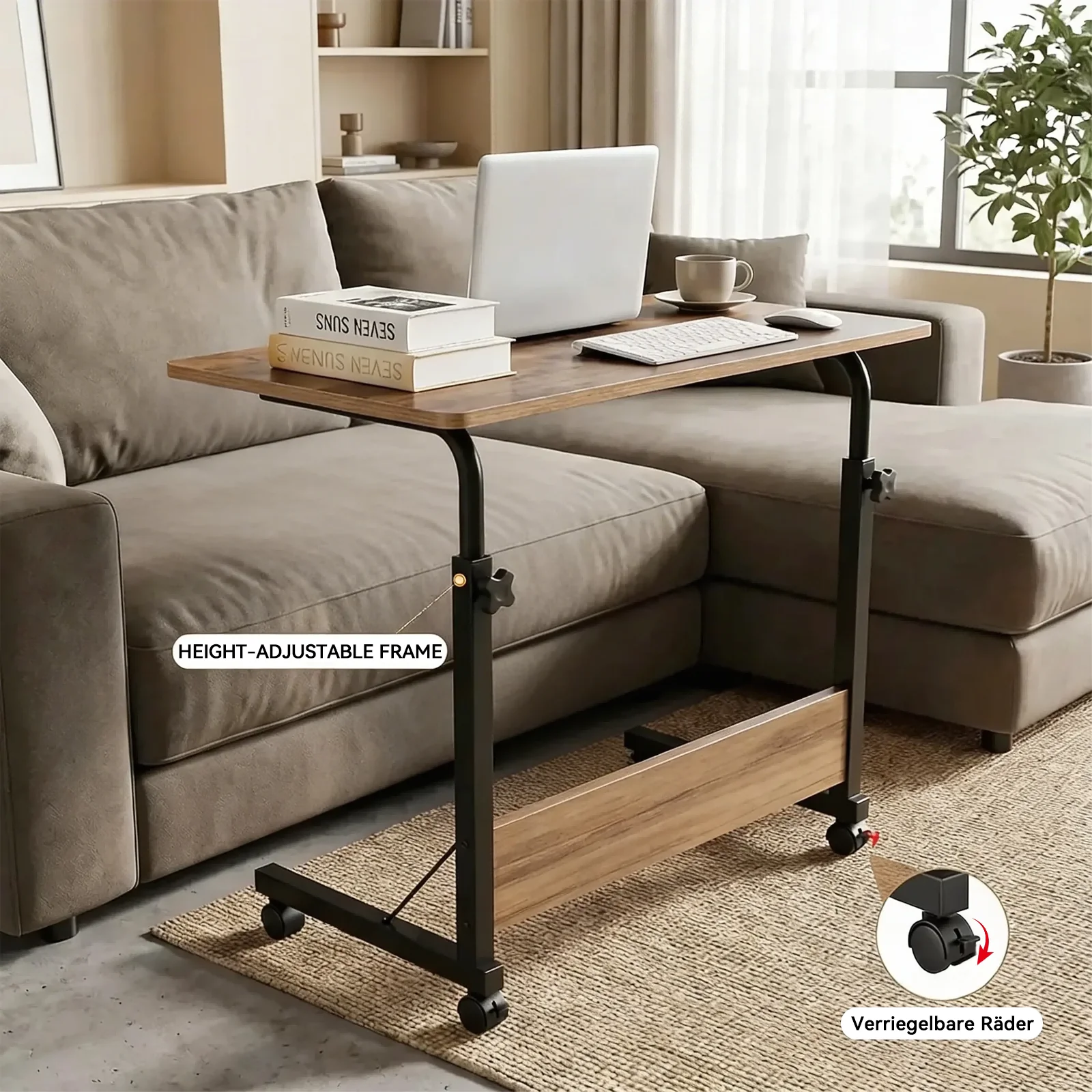 Höhenverstellbarer C-förmiger Sofa-Beistelltisch mit Rollen, Mobiler Tragbarer Laptop-Betttisch, Multifunktionaler Beistelltisch für Schlafzimmer, Wohnzimmer & Schmale Räume