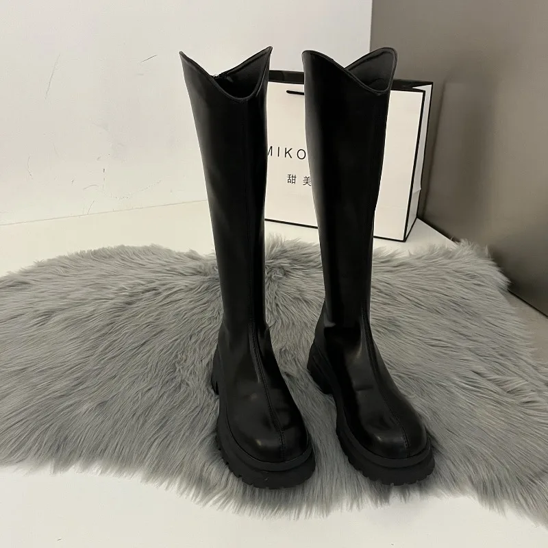 Retro Einfarbige Stiefel Damen Kniehohe Stiefel Mode Reißverschluss Hinten Ritterstiefel Quadratische Absätze Herbst Winter Damenschuhe