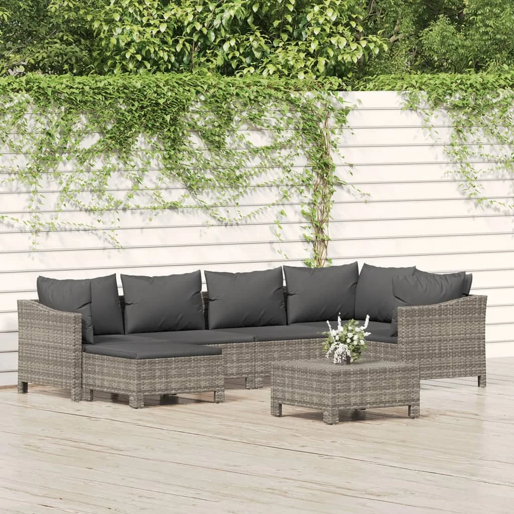 7-tlg. Garten-Lounge-Set mit Kissen Grau Poly Rattan Image