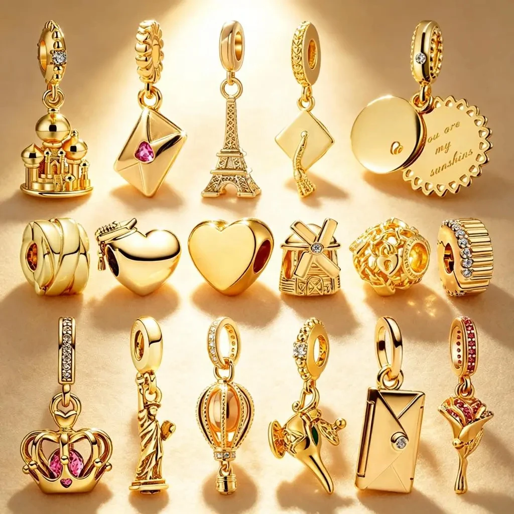 Original vergoldete Charms: Heißluftballon, Schloss, Steine & Emaille-Clip, Kronenperlen – passend für Armbänder, DIY-Schmuckzubehör, Geschenke Image