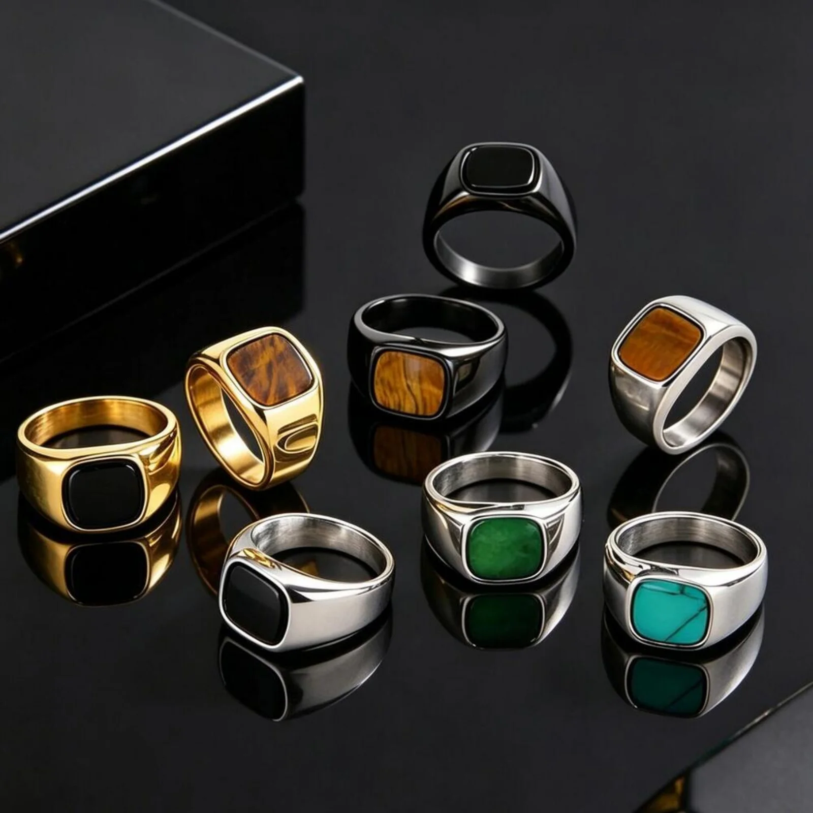 Vnox Quadratischer Siegelring für Herren, Edelstahl mit Tigerauge, Türkis und Onyx-Stein, Punk-Fingerband, Vintage-Schmuckgeschenk
