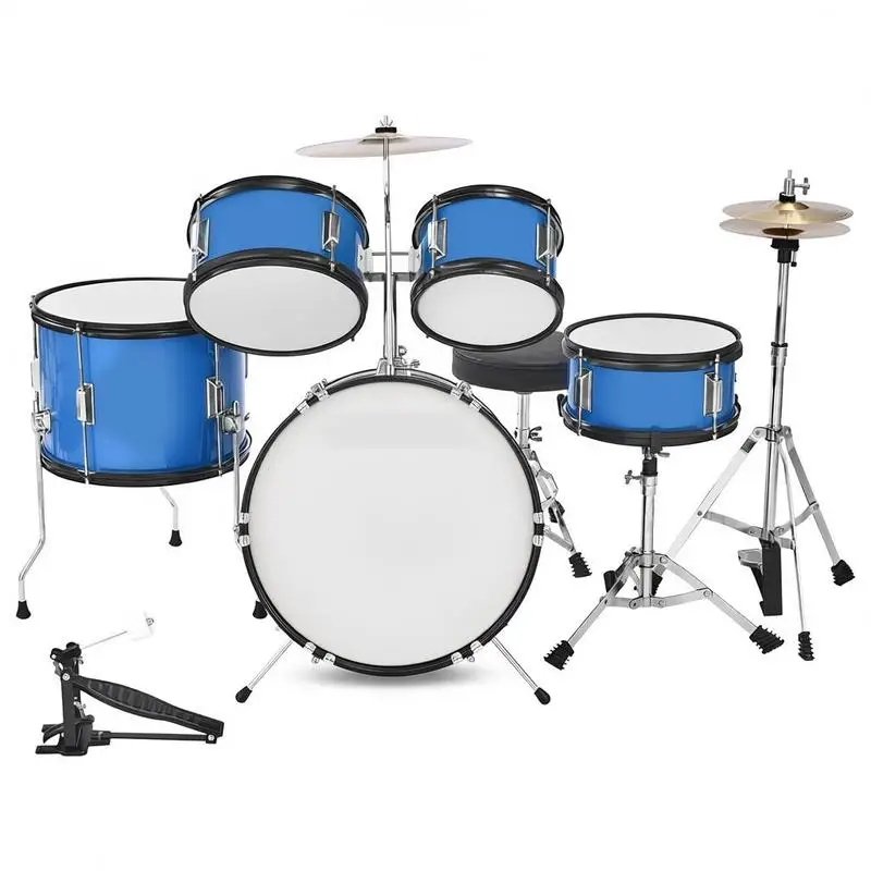 Kinder-Schlagzeug, 5-teilig, Anfänger-Set, große Trommel 45 cm mit Tom-Tom, Klarsichthocker 25,4 cm, Bassdrum 36 cm, mit Sitz, Trommelstöcken, Musik-Lernset für Kinder von 6-13 Jahren, Blau