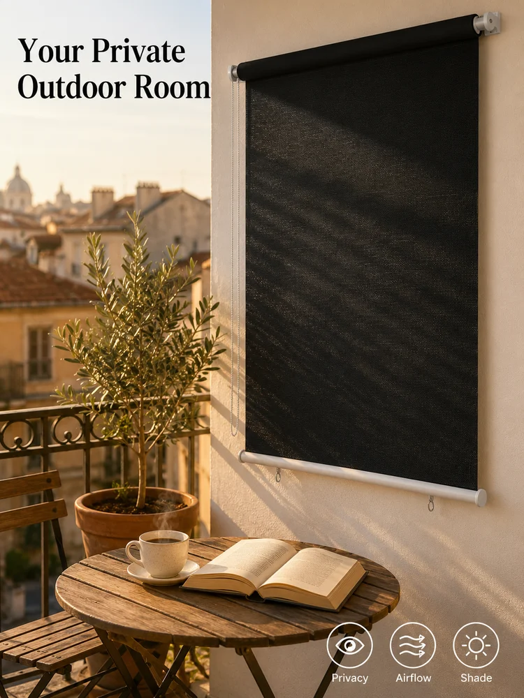 Außenrollo 120x230 cm Schwarz, Sichtschutz Sonnenschutz Verdunkelungsrollo für Balkon Terrasse Patio, HDPE Gewebter Stoff, Einfache Montage Image