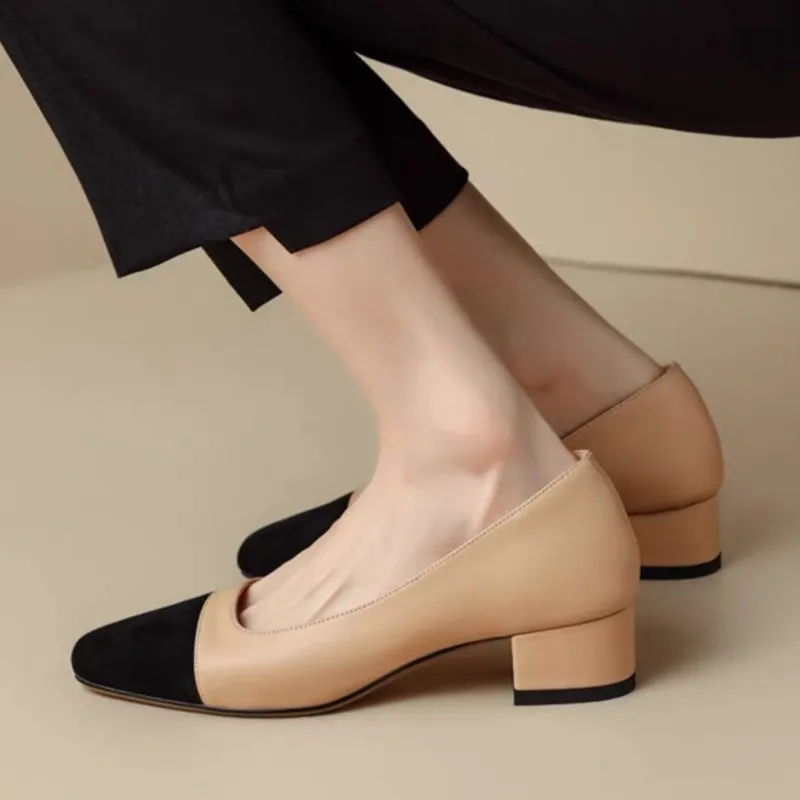 Plus Größe 42 Damen High Heel Pumps Square Toe Boots schuhe Patchwork Mid Heels Kleid Schuhe Square Heels Slip on Basic Pump
