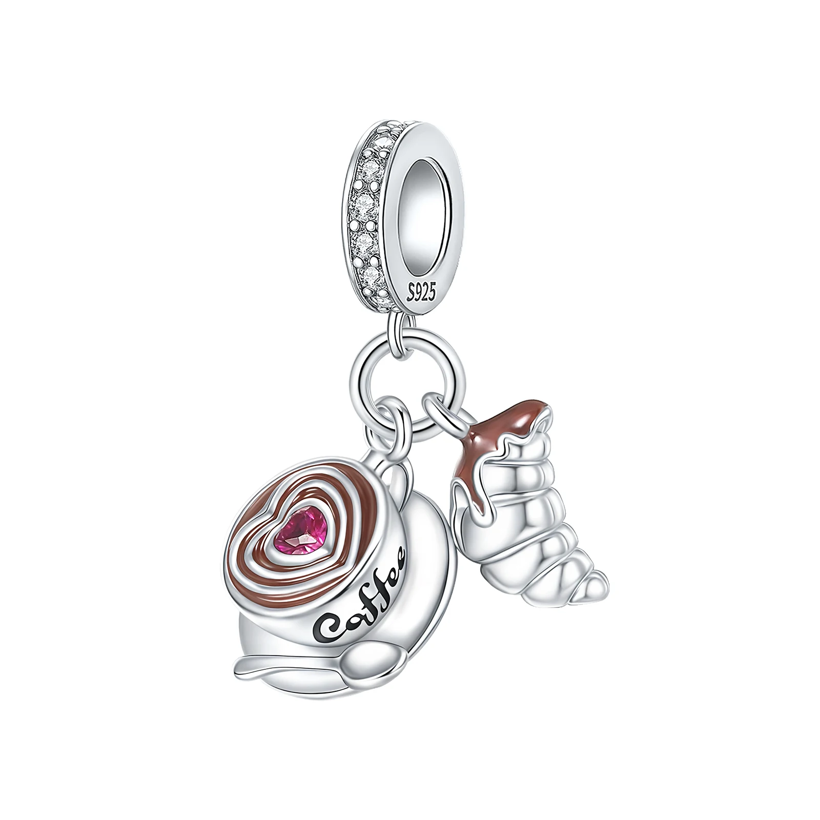 925 Sterling Silber Kaffeetasse & Croissant Anhänger mit Rosa CZ-Herz Latte Art Kaffee-Charm Passend für DIY-Armbänder Schmuckgeschenk