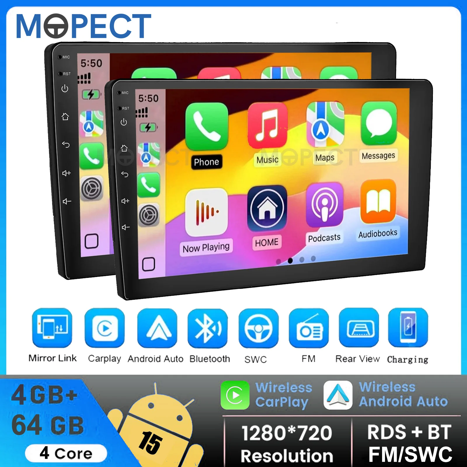 MOPECT 4+64G 7''/9''/10,1'' Autoradio Universelles Android-Multimedia-Player WLAN GPS-Navigation Carplay Android Auto ASP Autoaudiosystem Image