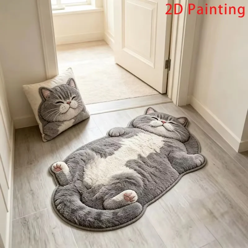 VIKAMA 3D-Plüschteppich in Katzenform, Kinderzimmer-Schlafzimmer-Bettvorleger, Badezimmer-Türmatte mit Wasseraufnahme, Heimdekoration Image