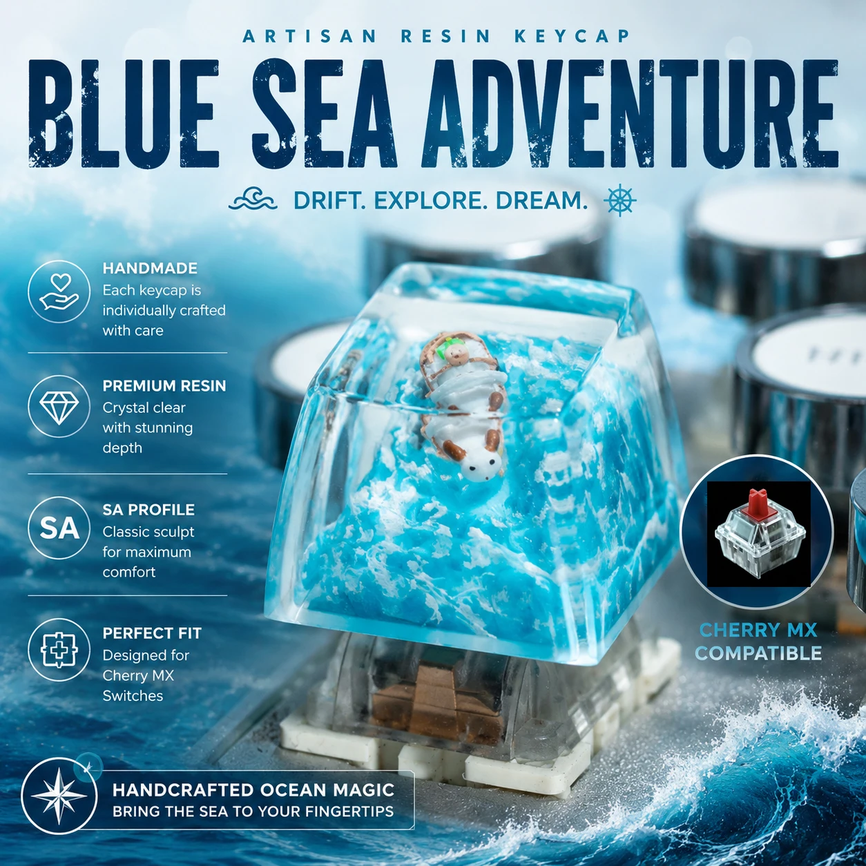 1U Artisan Resin Keycap Blue Sea Adventure Esc SA Profil Handgefertigte Miniatur-Tastenkappe für mechanische Cherry MX-Tastatur Image