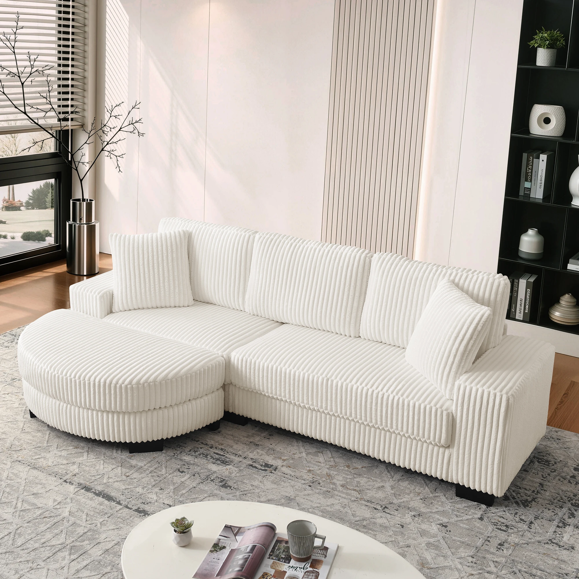 L-förmiges Ecksofa 4-Sitzer Sofa aus klassischem Corduroy mit modularem Design, ovalem Hocker (wechselbar links/rechts) und 2 Kissen – ideal für Wohnzimmer, Apartments & Büros Beige
