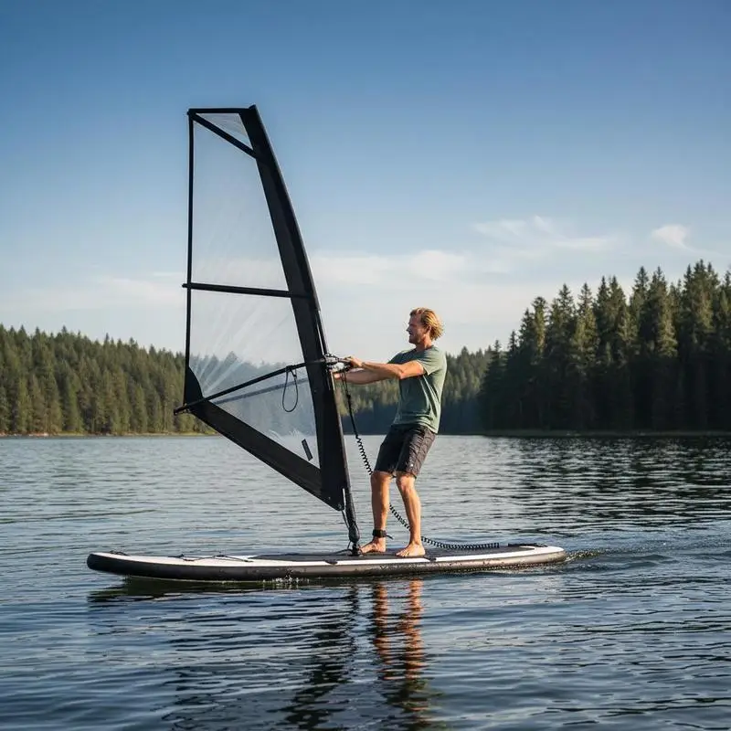 Aufblasbares Paddle-Surf-Board in Schwarz & Weiß mit Segel, stabil & handhabbar, vielseitig einsetzbar, für Meer, See, Strand & Freizeitaktivitäten im Freien. Image