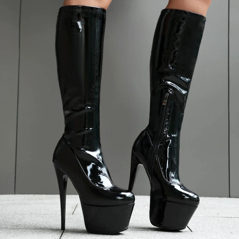 Sexy Kniehohe Stiefel Frauen Plattform Sexy Zipper 16 cm Super High Heels Schwarz Rot Lange Boot Winter Nachtclub Schuhe Große größe 46