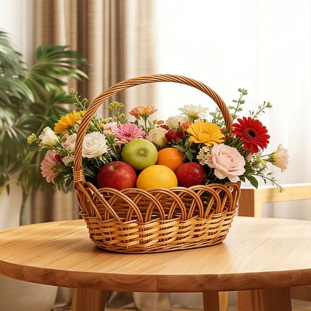 with Handle Lace Fruit Basket Handwoven Handmade Handhold Weaving Flower Basket Vine Household 2 Sizes