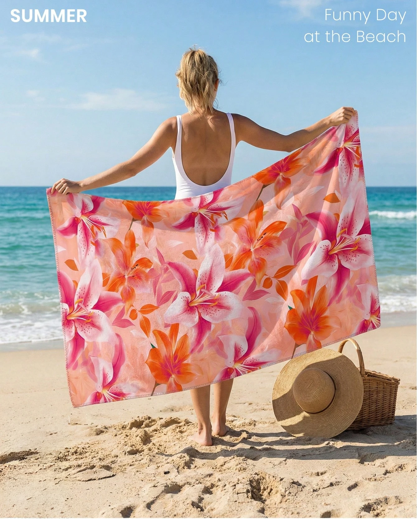 1 Stück Strandtuch mit rosa und orangefarbenem Lilienblumenmuster, schnell trocknend, leicht, atmungsaktiv, bequem, für Sommeraktivitäten im Freien Image