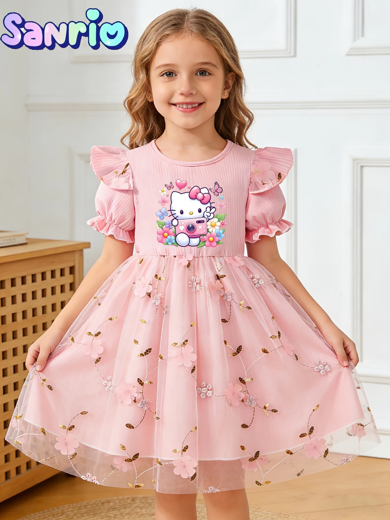 Hello Kitty Prinzessinnen-Kinderoutfit im Europäischen Stil, Rosa 3D Blumen-Tüll Prinzessinnenkleid