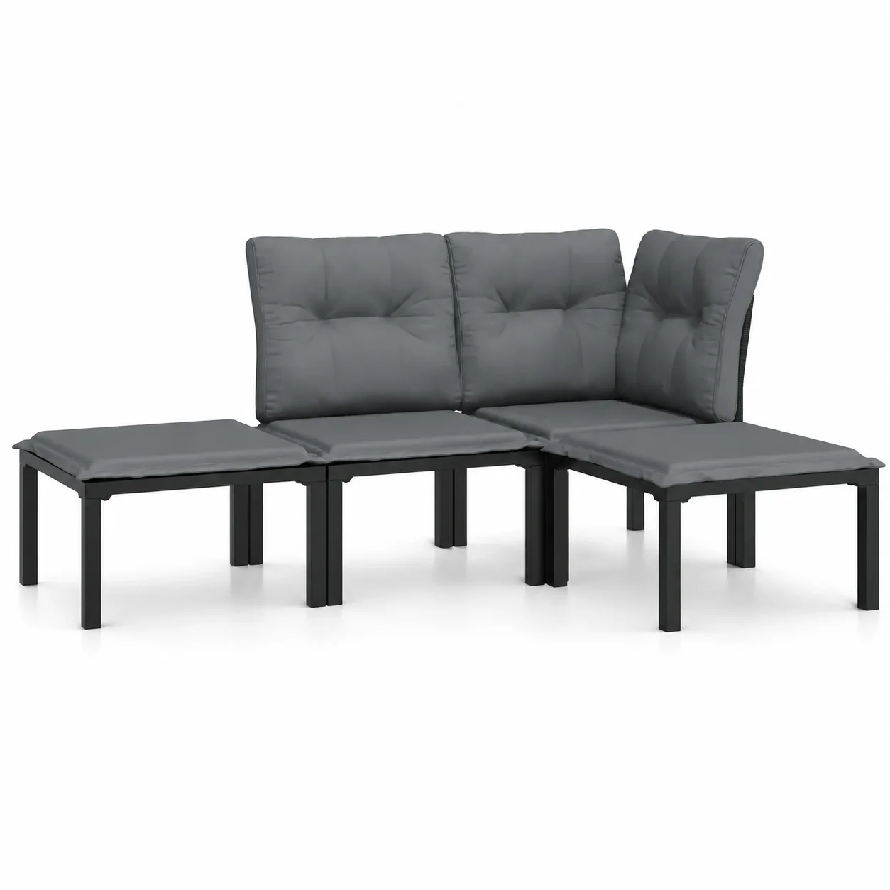 4-teiliges Garten-Lounge-Set aus schwarzem und grauem Polyrattan, Outdoor-Möbelset mit modularem Design, wetterfestem PE-Rattan, pulverbeschichtetem Stahlrahmen, dicken Kissen und Fußhocker für