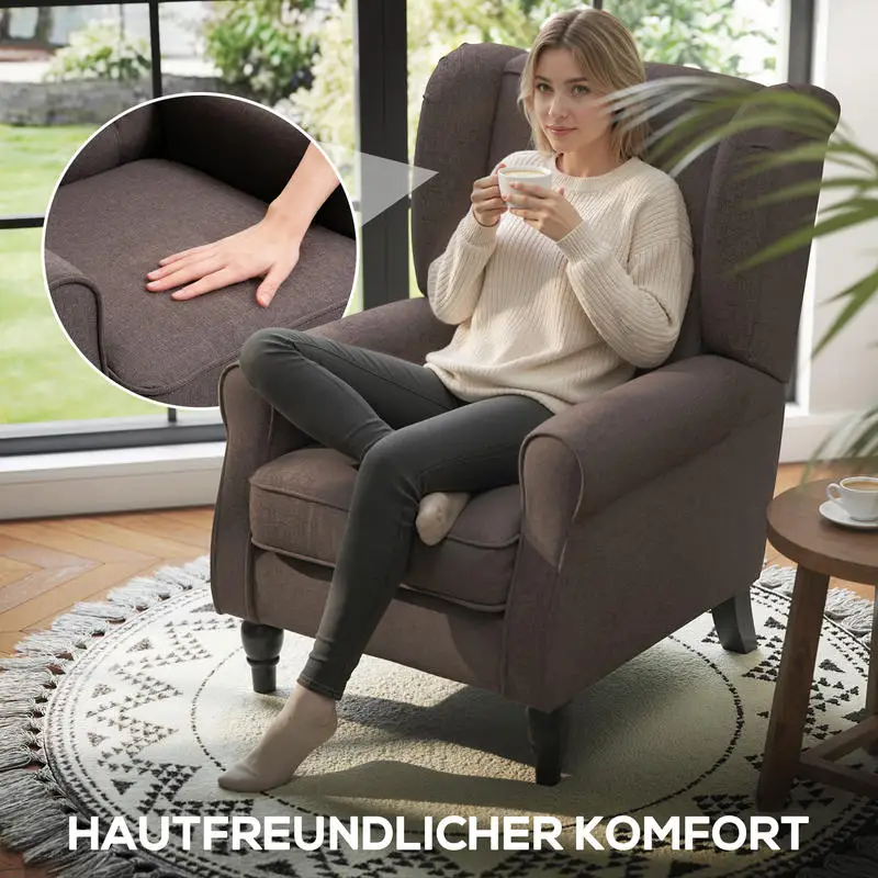 Sessel mit Armlehnen, Loungesessel mit Kissen, Tufting, hoher Rückenlehne, Armlehnensessel mit Holzbeinen, Relaxsessel für Wohnzimmer, Schlafzimmer, Braun Image
