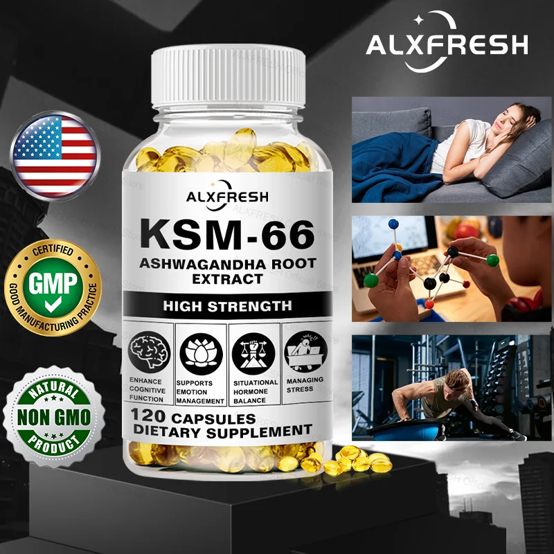 Natural Organic Ashwagandha KSM-66 Supplements Capsules for Stress Relief, Focus, Brain, Energy Support, Sleep Health Supplement