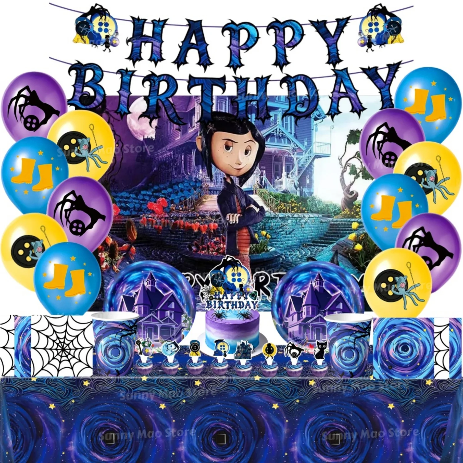 100-teiliges Coraline-Mädchen-Themen Einweggeschirr-Set Teller Becher Servietten Tischdecke Babyparty Kindergeburtstag Partydekoration-Kit Image
