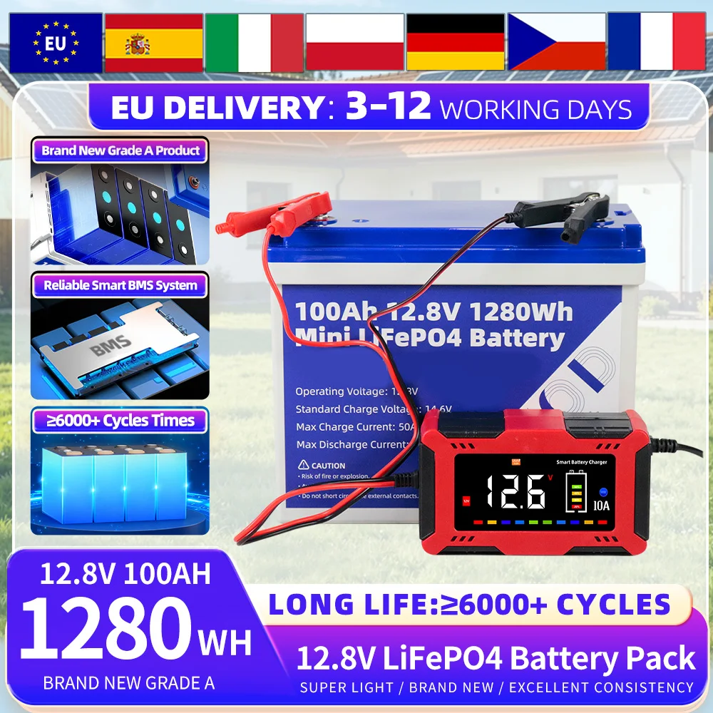 PWOD 12V 100AH LiFePO4 Batteriepack mit Ladegerät, 6000+ Zyklen, brandneu, Gruppe 24, Klasse A, integriertes Smart-BMS, wiederaufladbares LFP-Paket für Heimenergiespeicher, netzunabhängige Image