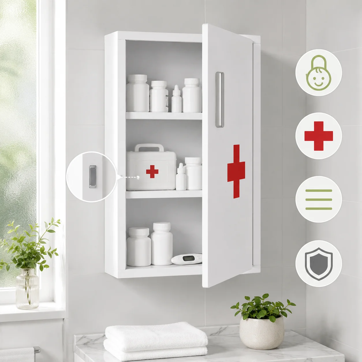 Medizinschrank mit 3 Regalen, Magnetverschluss, Kreuzsymbol, Stahlgehäuse, Weiß, 30 x 12 x 60 cm, für Haussicherheit, Erste-Hilfe-Aufbewahrung, Familien- und Haustierfreundlich