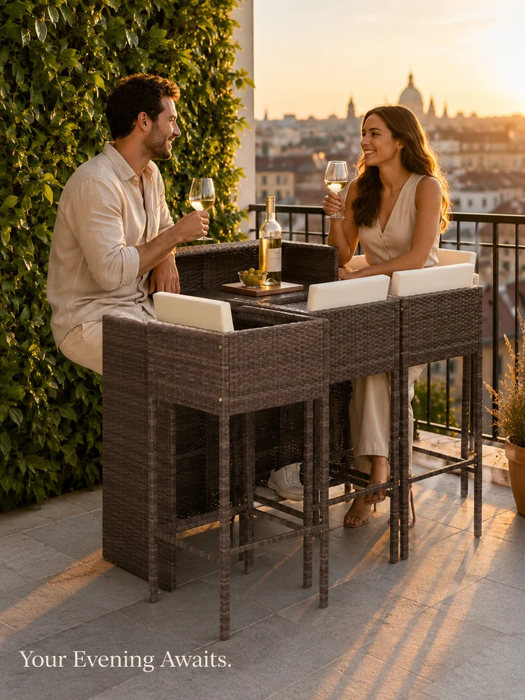 3-teiliges Garten-Bar-Set mit Kissen, braunes Polyrattan, Outdoor-Terrassen-Bartisch und 2 Hocker, wetterfestes PE-Rattan, pulverbeschichteter Stahlrahmen, für Terrasse, Balkon, Garten