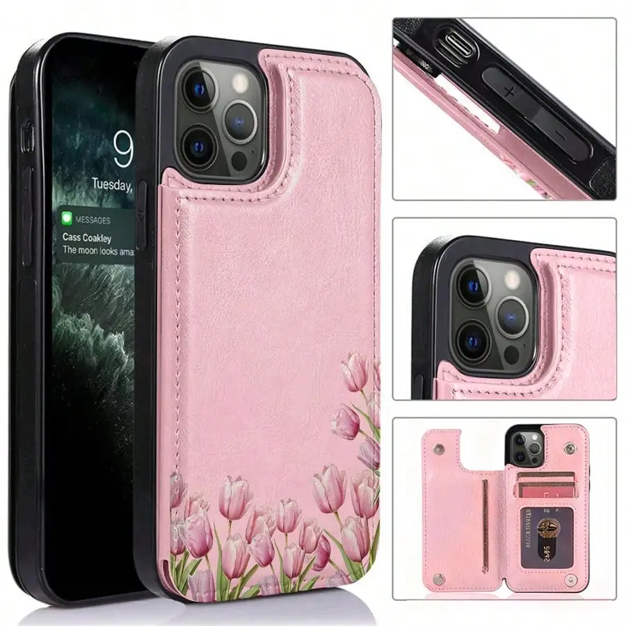 Schlichte Handyhülle im Brieftaschen-Stil mit Blumenmuster, kompatibel mit den Modellen iPhone 17 Pro Max, 16, 15, 14, 13 und 12 der Pro Max-Serie – hochwertig und elegant. Image