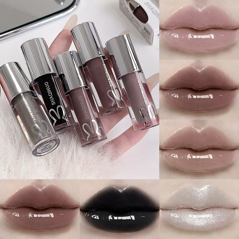 Spiegelnder, wässriger Lipgloss, langanhaltend feuchtigkeitsspendender Lip Tint, cooles Schwarz, Silbergrau, Perlmutt, fein glitzernder Lippenstift, Make-up-Kosmetik Image