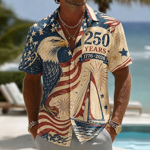 4. Juli 2026 250. Herren Adler Amerikanische Flagge Hemd Sommerhemd Knopfhemd Kurzarm Patriotisch Outdoor Festival Sommer Frühling Umlegekragen 3D-Druck Hemden mit Kragen Blau Blau 3# Blau 2# Blau 1# Image