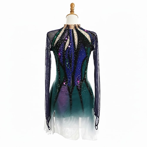 Eiskunstlaufkleid Damen Eislaufen Kleid Dunkelgrün Patchwork Daumenloch Dehnbar Training Wettbewerb Eiskunstlaufkleidung Klassisch Kristall / Strass Langarm Eislaufen Eiskundstlauf Image