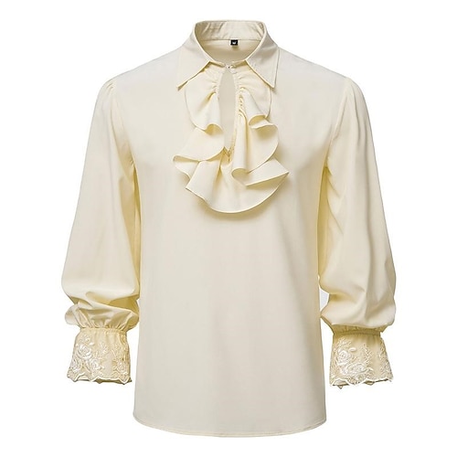 Retro Vintage Punk Gothic Mittelalterlich Hemd Trompetenärmel Prinz Ritter Gentleman Outlander Edelmann Bestickt Gerüscht Einfarbig Kostüm Herren Seeräuber Fantasie königlich Halloween Karneval Image