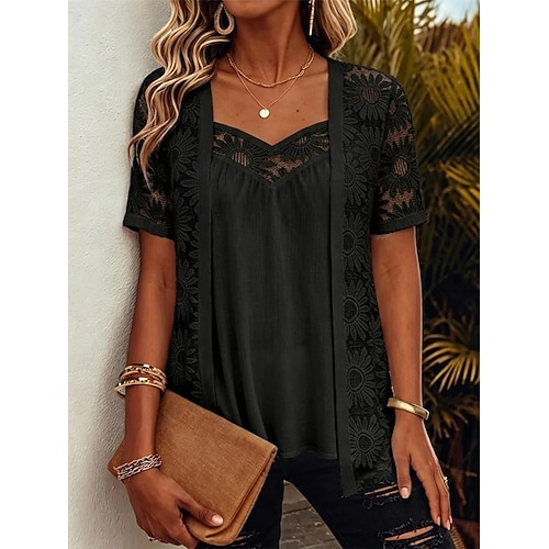 Damen Bluse Spitze Grafik Einfach Mode Stilvoll Lässig Kurzarm V Ausschnitt Normale Oberteile Lässig Täglich Wochenende Weiß Schwarz Dunkelblau Beige Sommer Frühling Image