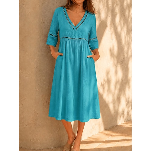 Damen Midikleid Weißes Spitzenkleid A Linie Kleid Sommerkleid Lässig Strand Urlaub Normale Passform Einfach Halbarm V Ausschnitt Blau Weiß Königsblau Sommer Frühling Image