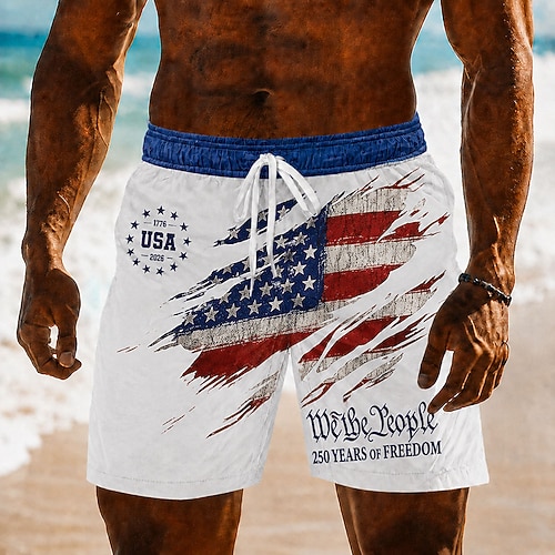 4. Juli 2026 250. Herren Amerikanische Flagge Badehosen Badeanzüge Badeshorts Boardshorts Mittlere Taille Patriotisch Täglich Outdoor Festival Seitentaschen Netzfutter Elastischer Kordelzug in der Image