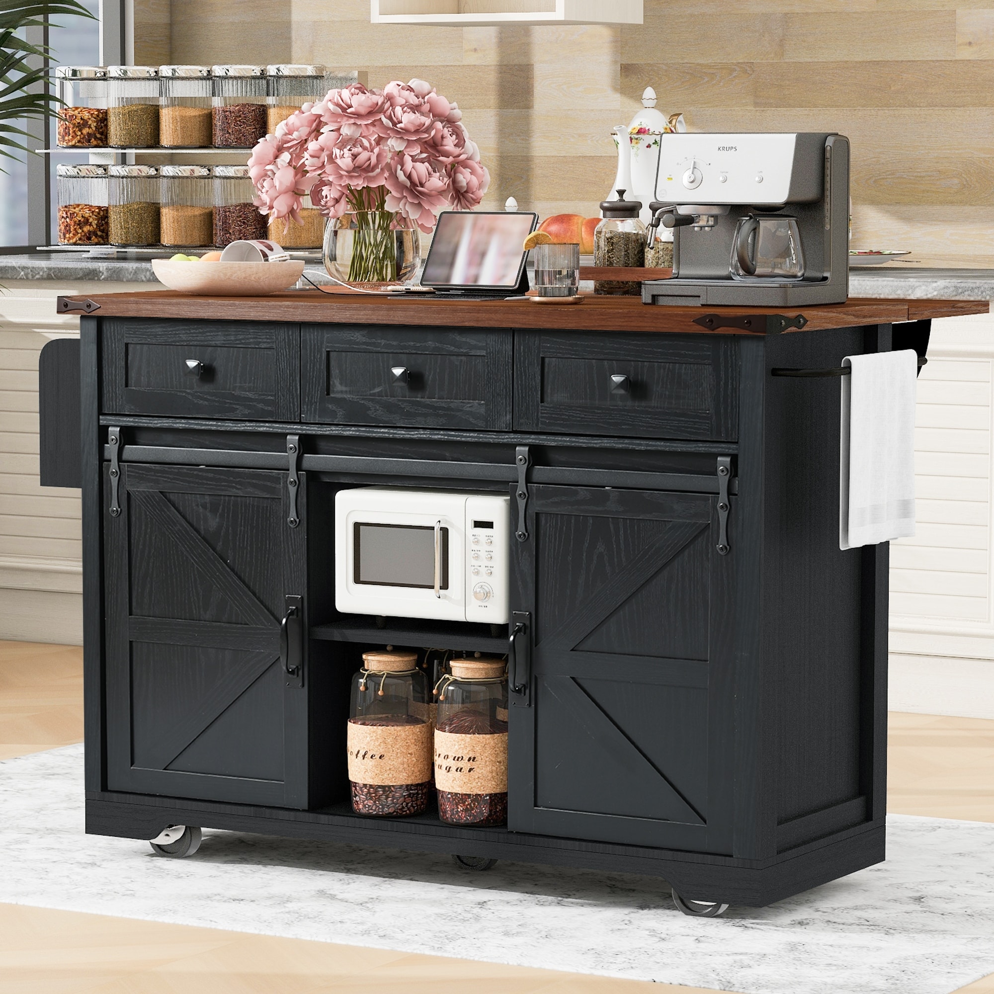 53.7" Farmhouse Kitchen Island with Power Outlet and Drop Leaf, Spice Rack Rolling Kitchen Cart on Wheels for Kitchen