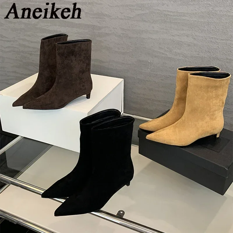 Aneikeh Große Größe 41 42, Mode Winter Faux Wildleder Spitz Kurze Stiefel Niedrigen Absatz Stiefel Slip auf Party Schuhe Botas Zapatos De Mujer