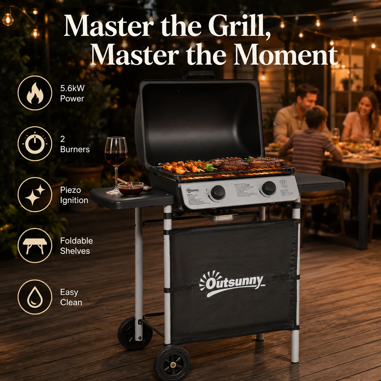 Gasgrill mit Deckel, 2 Brenner 5,6 kW, BBQ-Grill mit Seitenablagen und Rädern, 104x49x99cm, Outdoor-Kochen für Familienfeiern Image