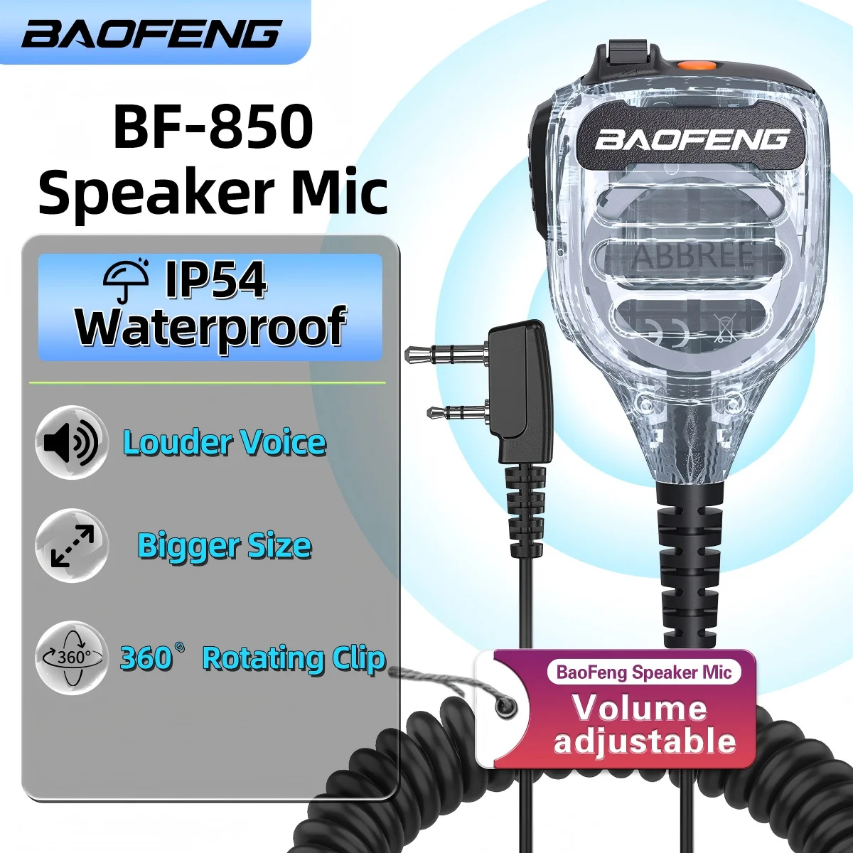 BAOFENG BF-850 Walkie-Talkie-Lautsprecher-Mikrofon, IP54, wasserdicht, Dual-PTT, einstellbare Lautstärke für BaoFeng UV-5RH UV-21PRO AR-39 Amateurfunk Image