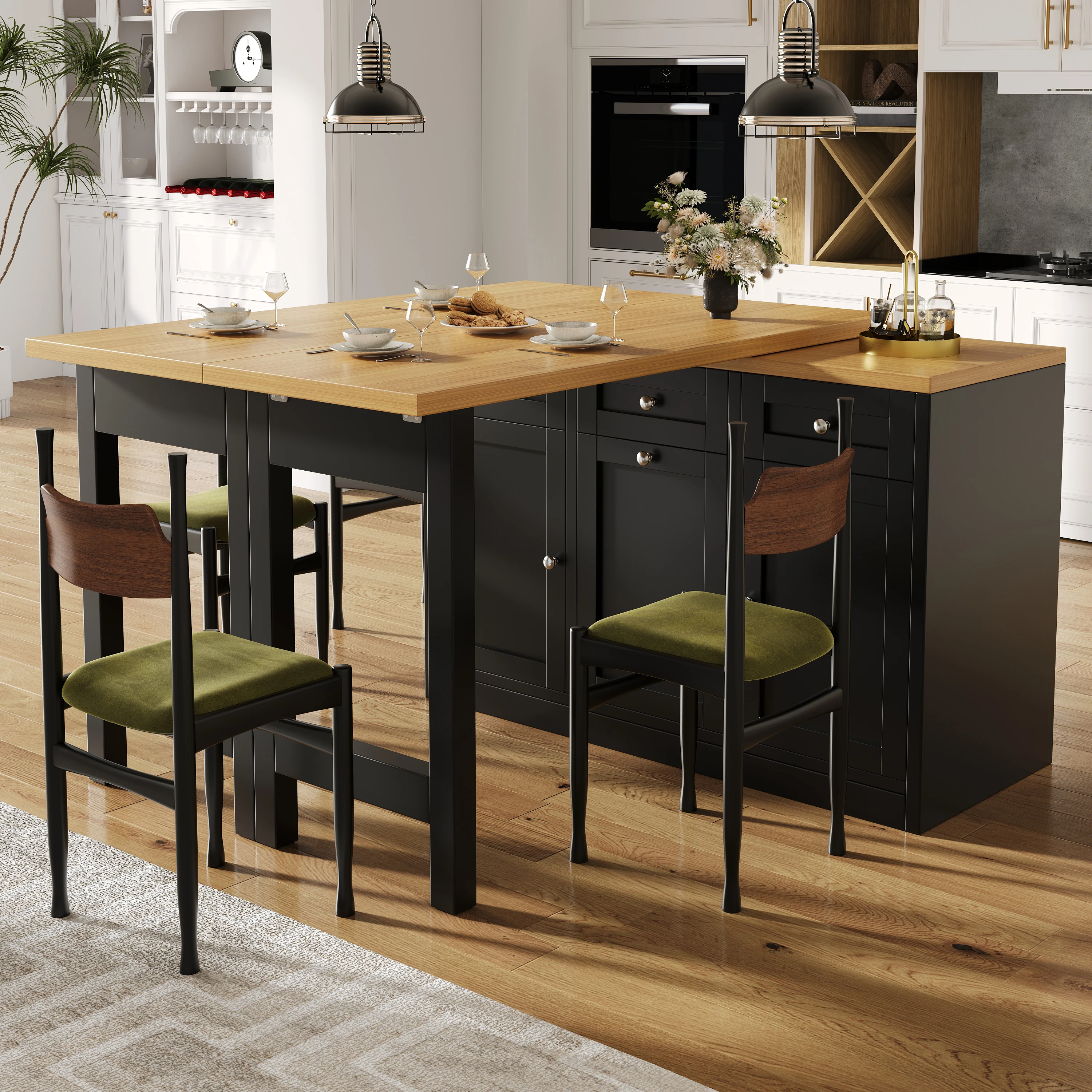 Schwarzer ausziehbarer Bartisch mit Stauraum – Klappbarer Esstisch mit Schublade, Snackablage und ausziehbarem Abfalleimer (Abfalleimer nicht enthalten) – Platzsparendes Design für kleine Wohnungen,